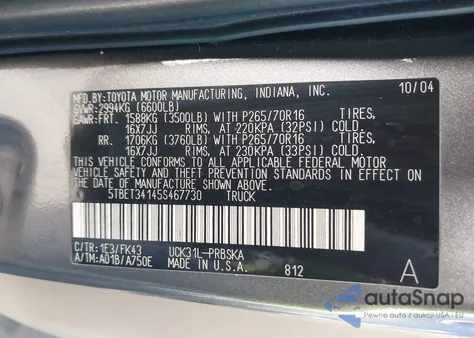 2005 Toyota Tundra Sr5 V8 z USA, uszkodzony, nr VIN 5TBET34145S467730